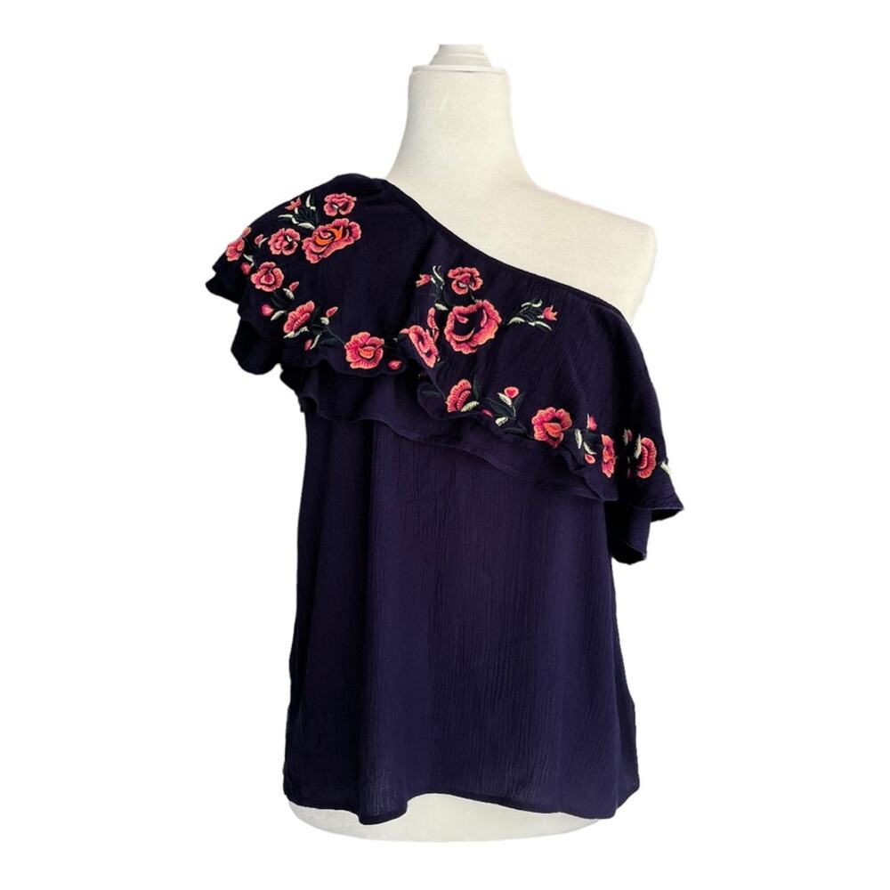 Blue Rain Floral Embroidered Blue Off Shoulder Ruffle Top Boho Womens Medium